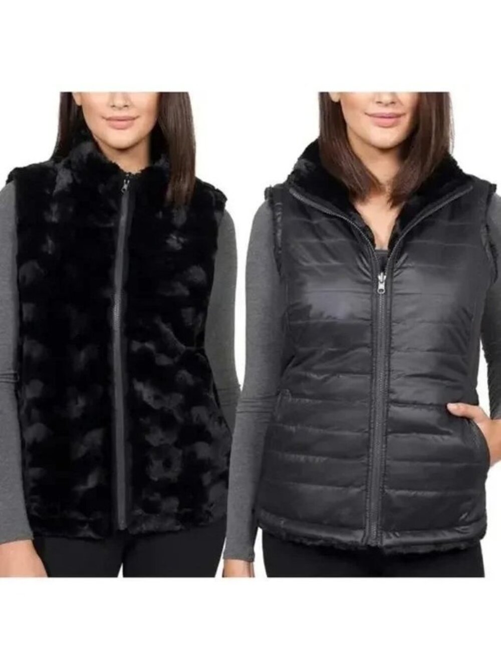 Nicole Miller Reversible Faux Fur Puffer Vest Black Womens Size XS Full Zip Coat